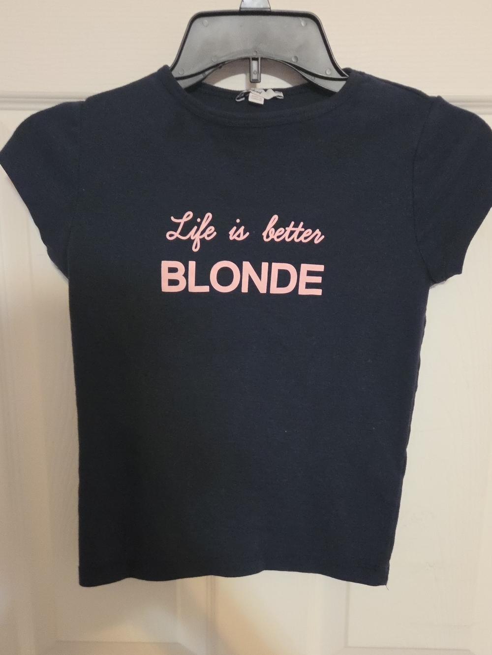 Womans Navy Short-Sleeve Tee with Pink "Life is better BLONDE" Graphic
